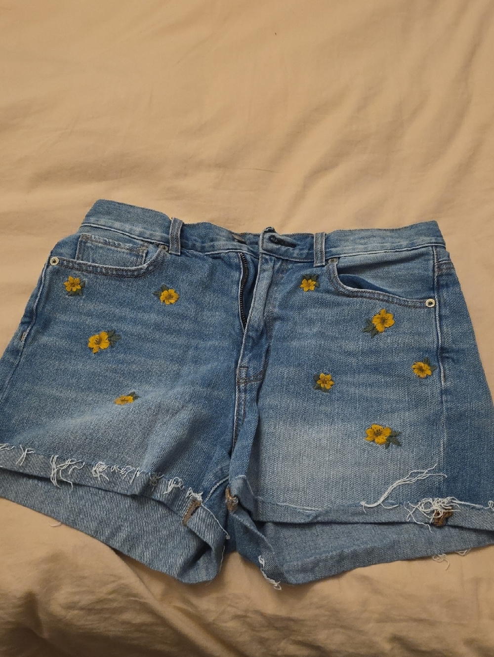 American Eagle Outfitters Blue Denim Shorts with Yellow Floral Embroidery